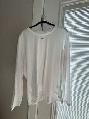 Nike White Dri-FIT Long Sleeve Top with Black Swoosh